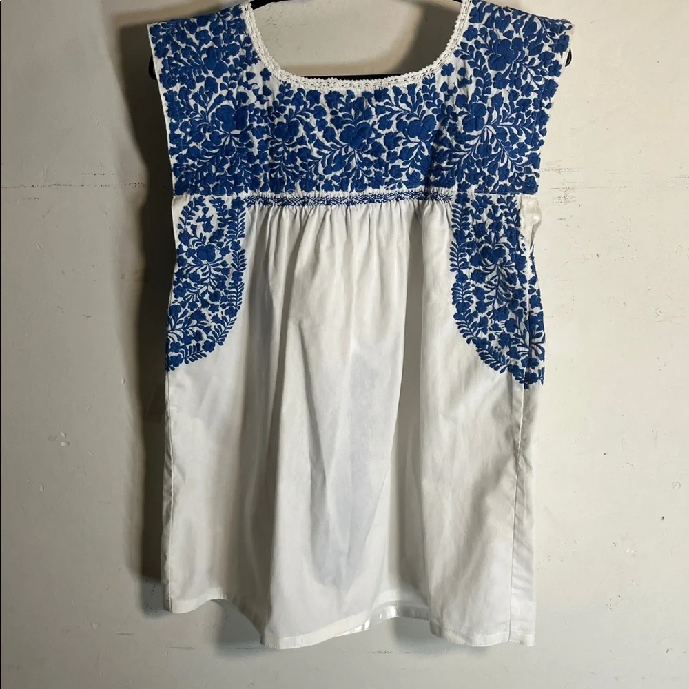 Mi Golondrina Blue & White Embroidered Mexican Women's Blouse - Picture 9 of 9